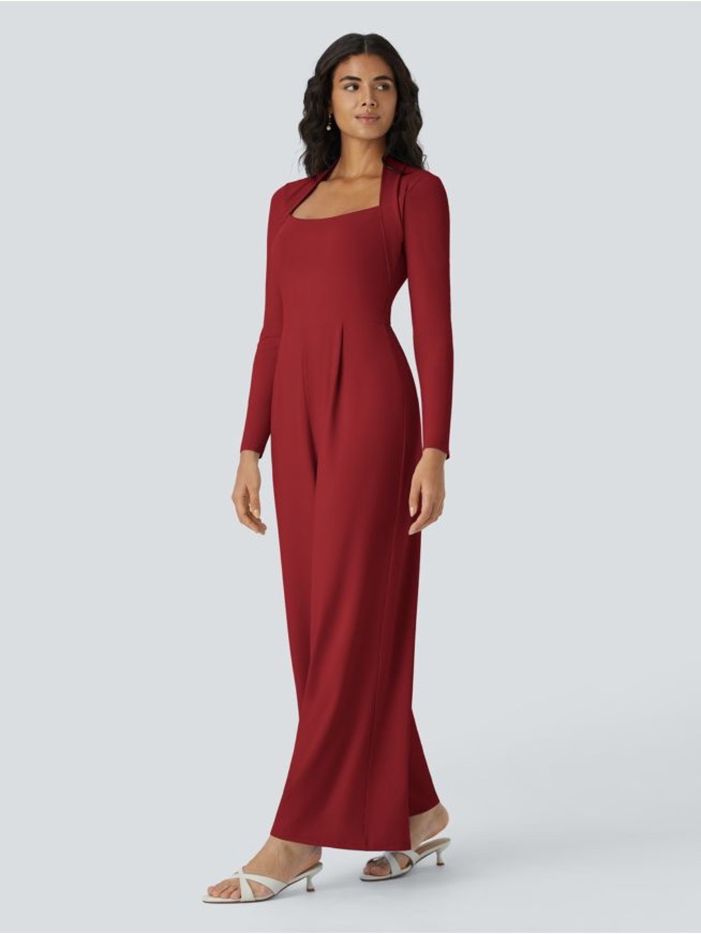 Elegant Red Square-Neck Long Sleeve Maxi Jumpsuit